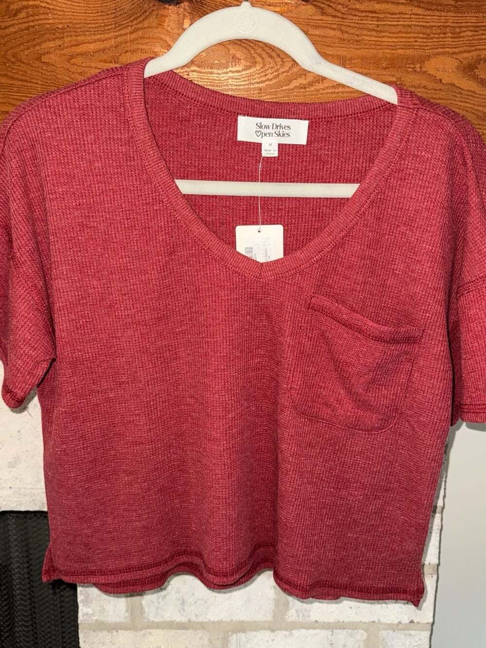 New Red Waffle Knit V-Neck Short Sleeve Pocket Top Size M